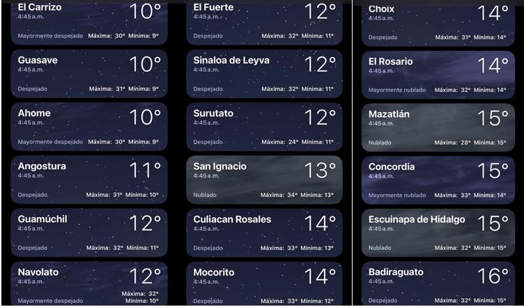 Temperaturas registradas hasta antes de las 500 horas de este 21 de febrero en Sinaloa, 