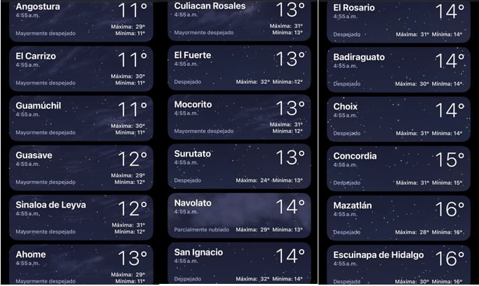 Temperaturas registradas hasta antes de las 500 horas de este 26 de febrero en Sinaloa, 