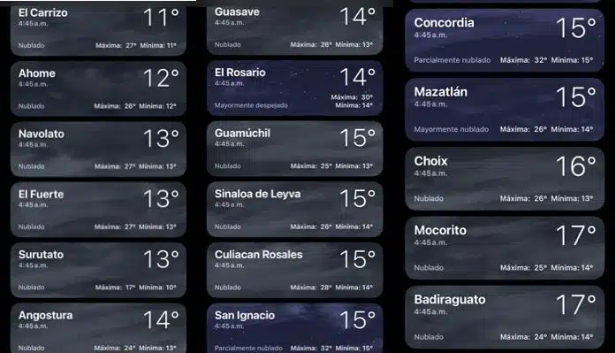 Temperaturas registradas hasta antes de las 500 horas de este martes 11 de febrero en Sinaloa, 