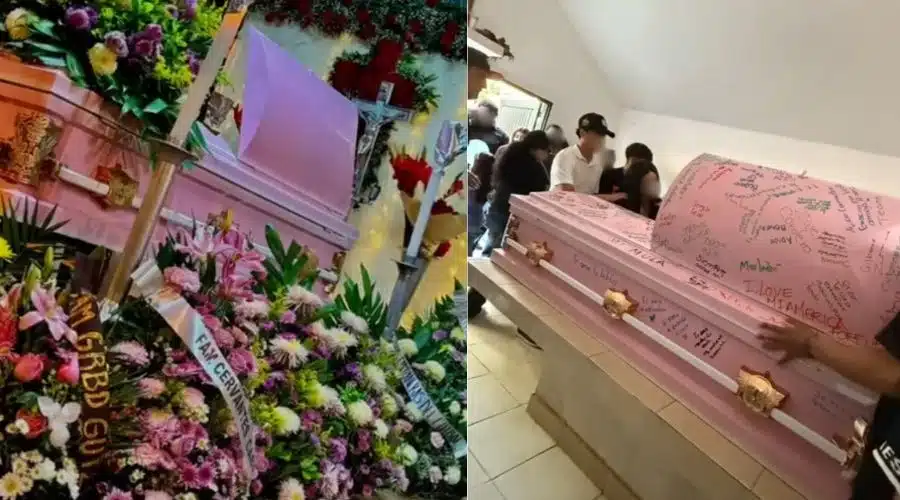 Ataúd rosa y muchas flores en funeral de América Zujey