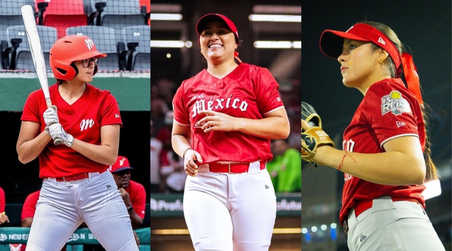 Danna Barrera Gámez, Marilyn Salas Ríos y Victoria Vega Román, jugadoras de Diablos Rojos del México.