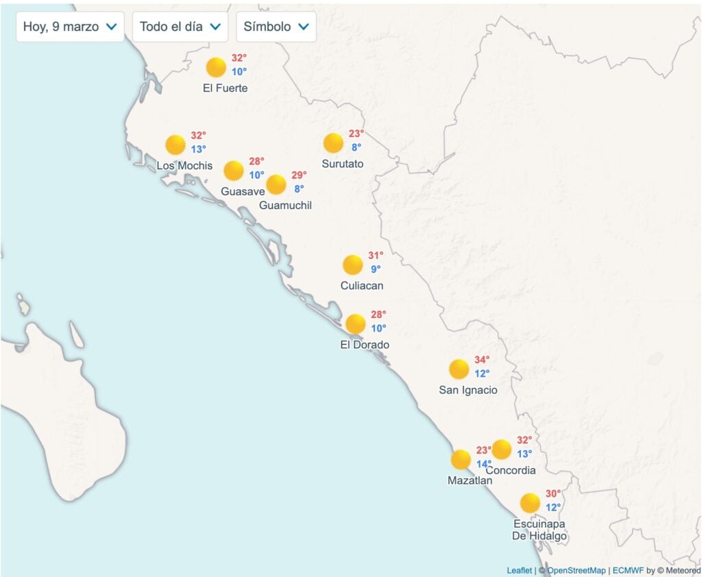 Estas son algunas de las temperaturas, mínimas y máximas, que se pronostican este domingo 9 de marzo en Sinaloa.