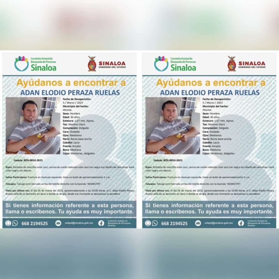 Se pide la ayuda ciudadana para encontrar a Adán Elodio Peraza Ruelas