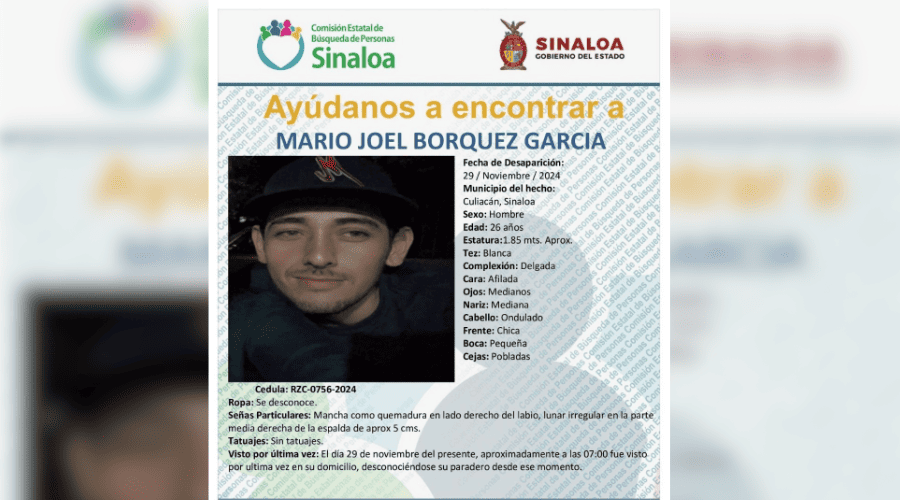 Piden ayuda para localizar a Mario Joel, desaparecido en Culiacán