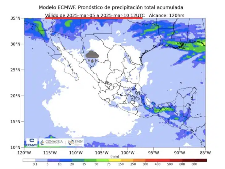 Proyección de lluvias acumuladas a nivel nacional del SMN del 5 al 10 de marzo. La zona serrana del centro de Sinaloa con probabilidad