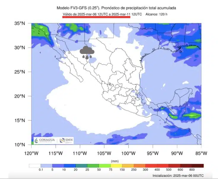 Proyección de lluvias acumuladas a nivel nacional del SMN del 6 al 11 de marzo. La zona serrana del centro de Sinaloa, con probabilidad.