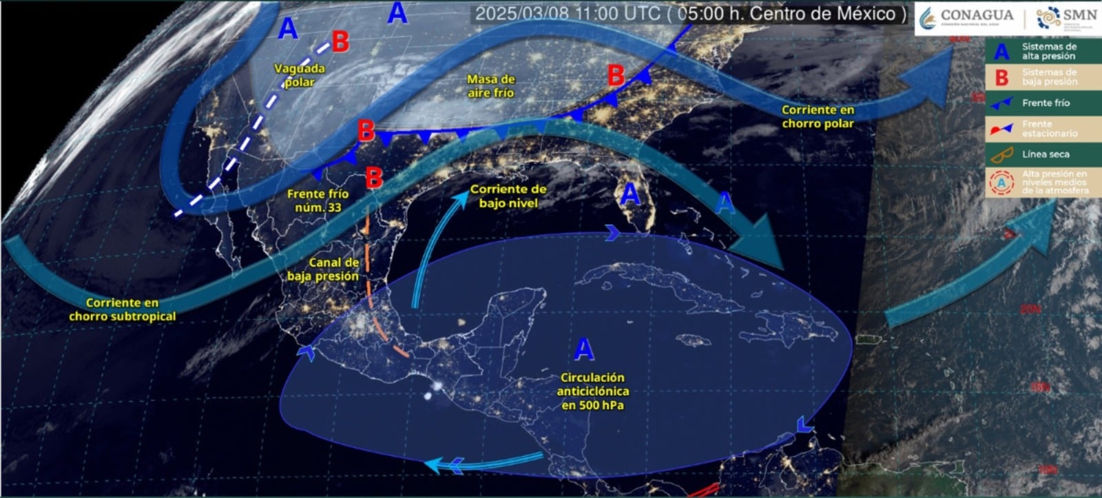 Sistemas meteorológicos activos en el Pacífico mexicano este sábado 8 de marzo.