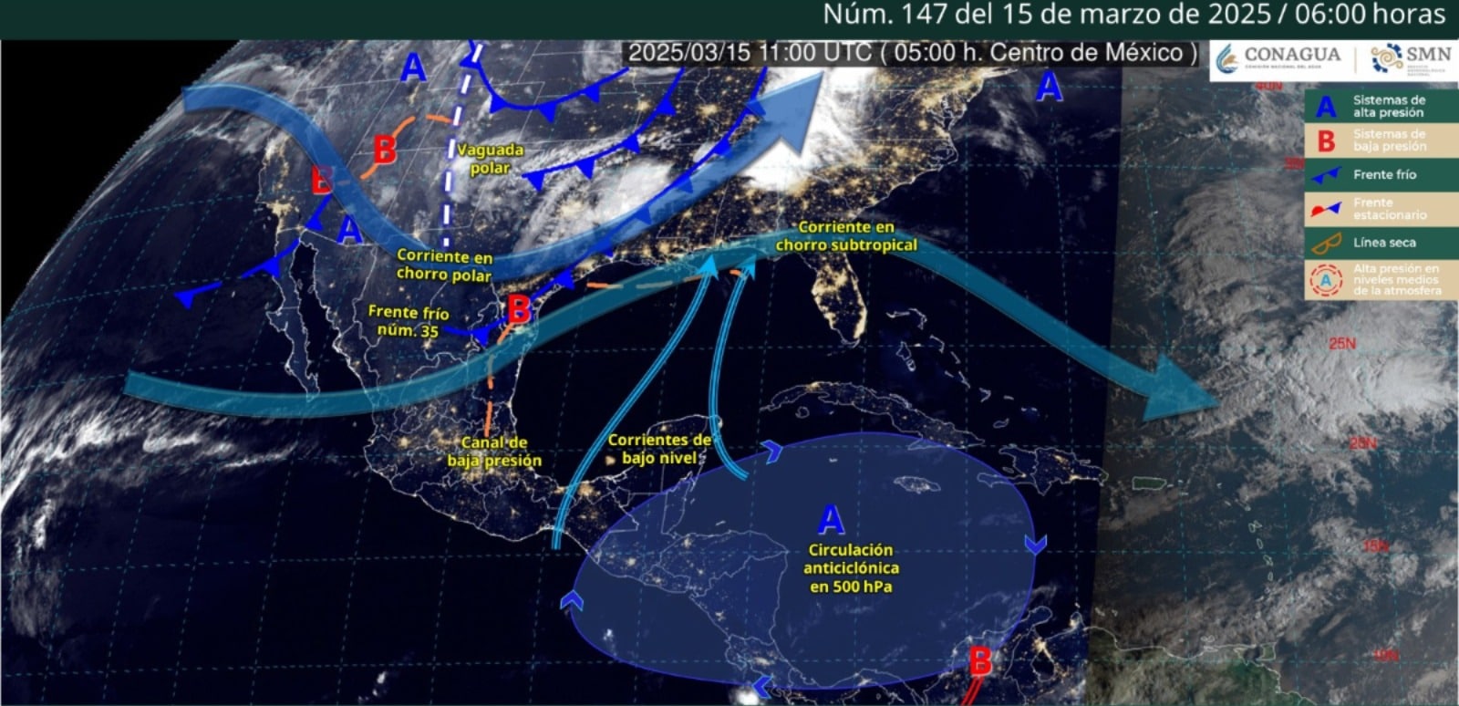 Sistemas meteorológicos activos este sábado 15 de marzo en el Pacífico mexicano.