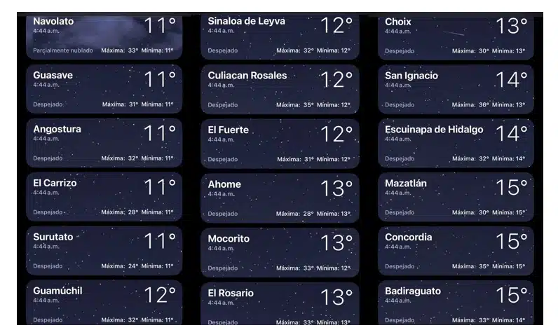 Temperaturas registradas antes de las 500 horas de este 11 de marzo en Sinaloa. 