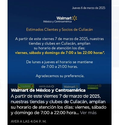 Walmart amplía su horario en Culiacán los fines de semana