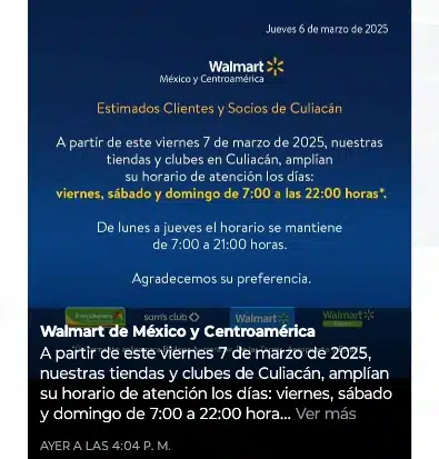 Walmart amplía su horario en Culiacán los fines de semana