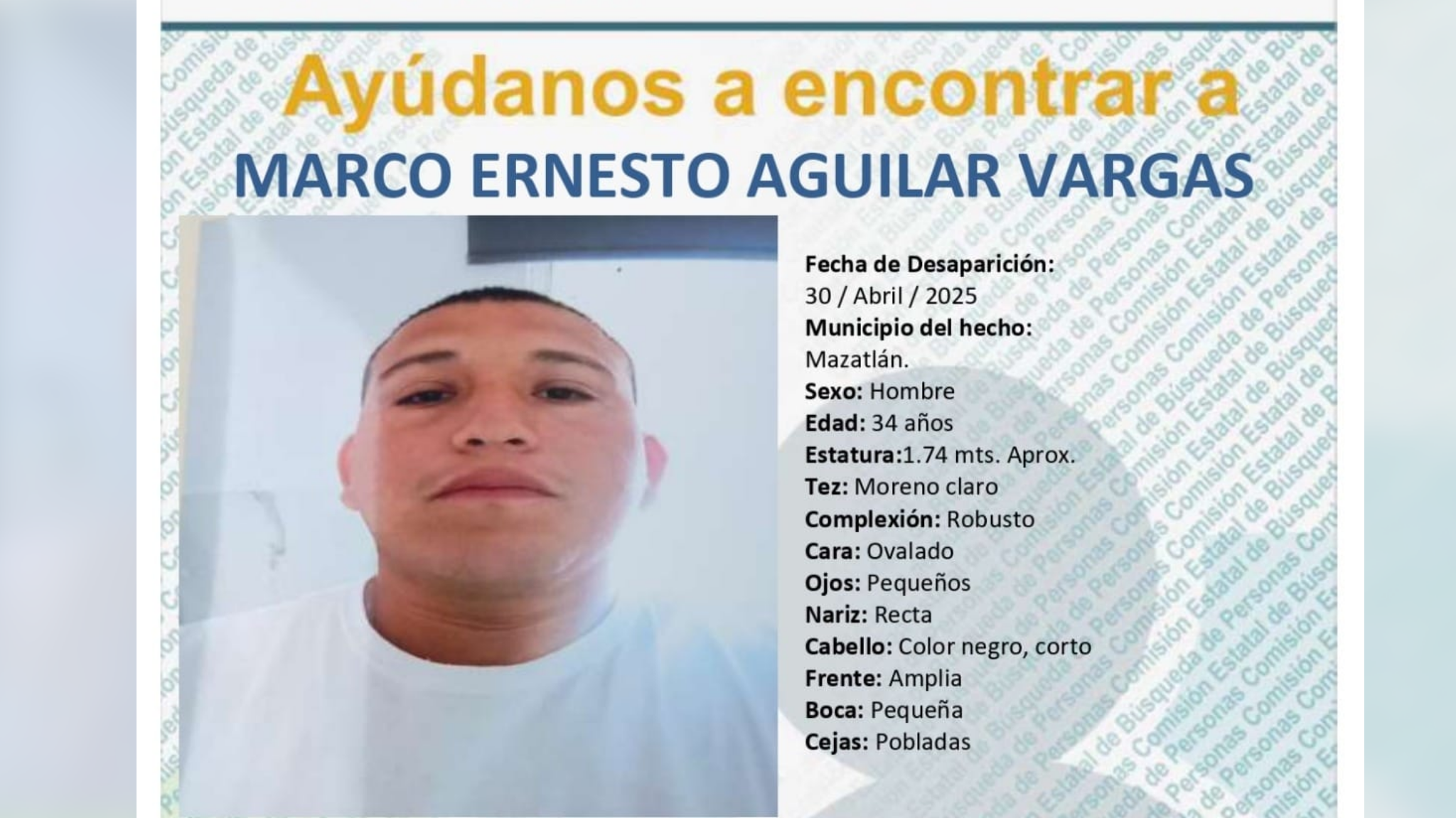 joven desaparecido el 30 de abril en Villas del Rey, Mazatlán
