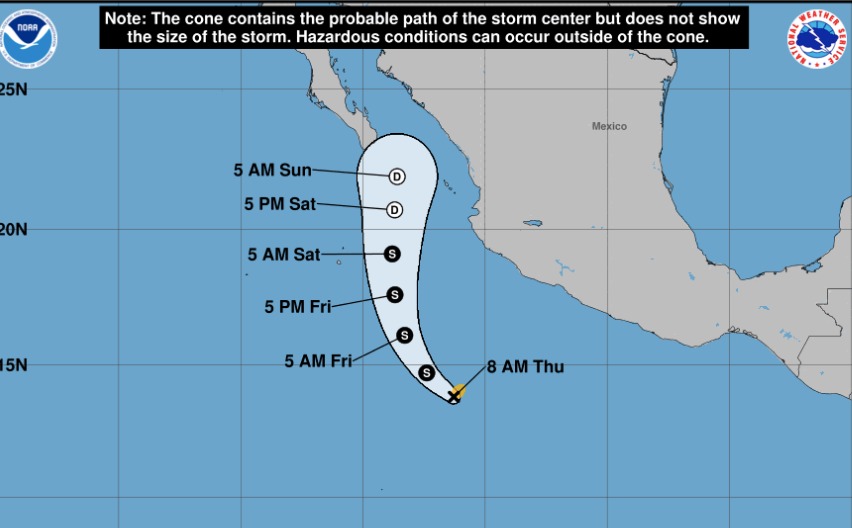 Mapa de pronóstico del Centro Nacional de Huracanes de Estados Unidos sobre la ubicación y posible trayectoria de 