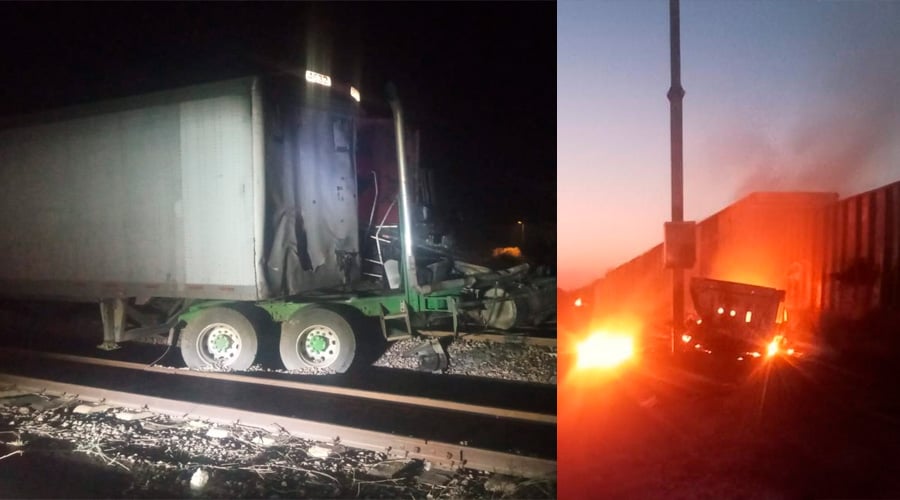 Tráiler que fue embestido en Estación Bamoa, Guasave
