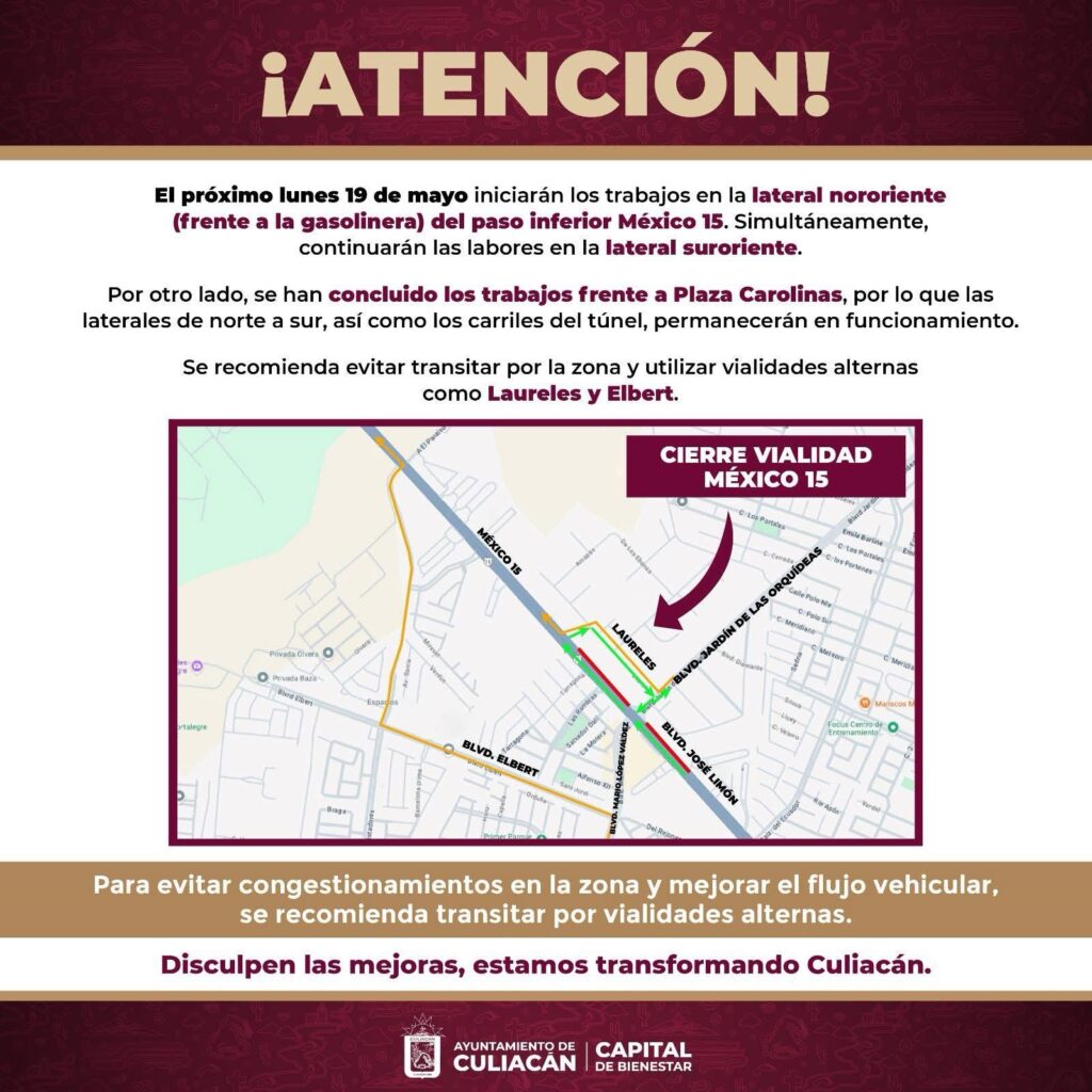 Aviso de cierre de la lateral nororiente del paso inferior México 15.