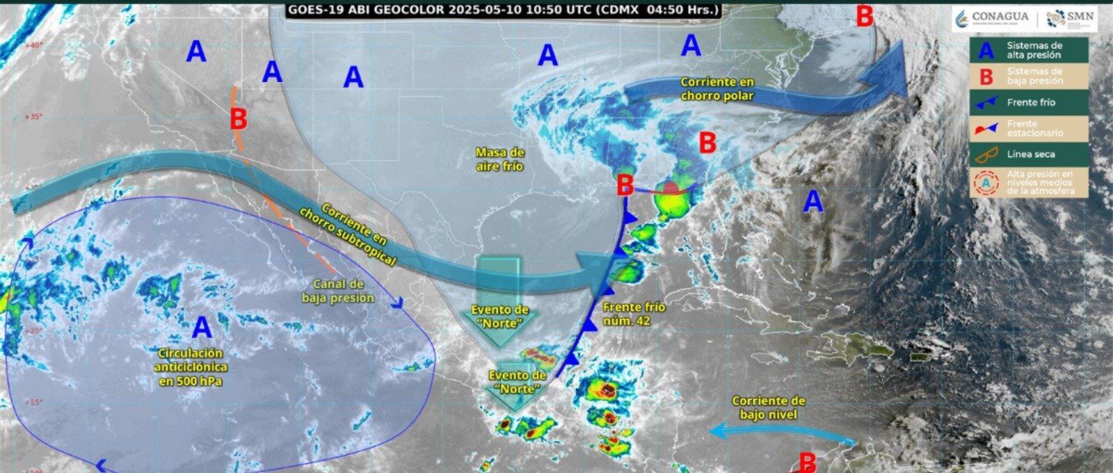 Sistemas meteorológicos activos este sábado 10 de mayo en el Pacífico mexicano.