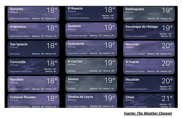 Temperaturas registradas poco después de las 5:00 horas hoy 13 de mayo en Sinaloa. The Weather Channel