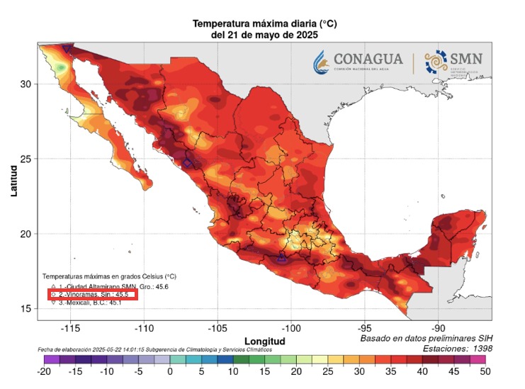 Registro de temperaturas máximas durante el 21 de mayo en México. Sinaloa en segundo lugar con 45.5 en Vinoramas, Culiacán. SMN