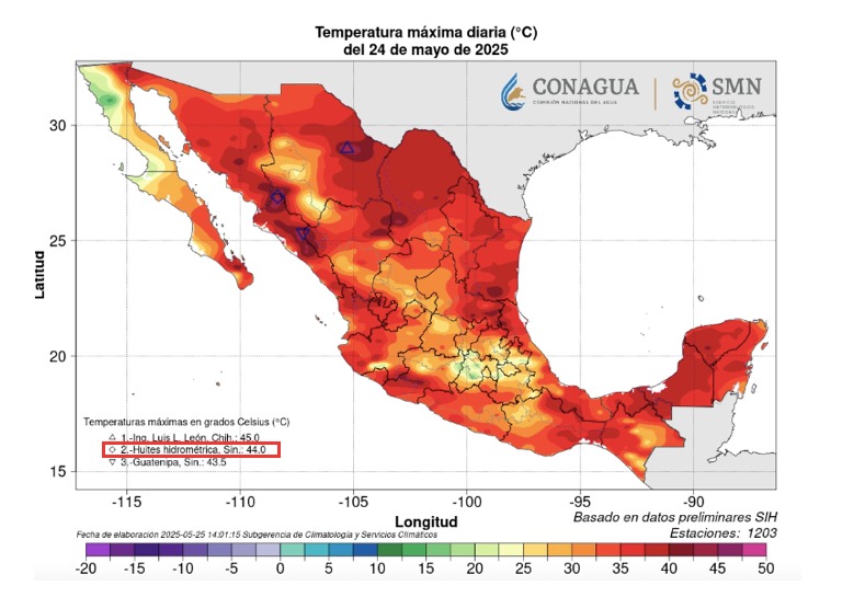 Reporte de temperaturas máximas el 24 de mayo. Huites, Choix en el segundo lugar nacional con 44. SMN