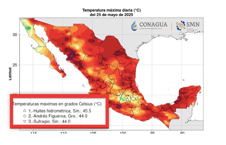 Reporte de temperaturas máximas el 25 de mayo a nivel nacional, en el que Sinaloa se ubicó con dos zonas.