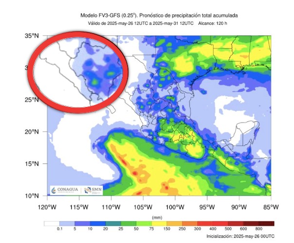 Pronóstico de precipitación acumulada para México del 26 al 31 de mayo. Zonas de la región de Sinaloa con probabilidad de lloviznas y chubascos. SMN