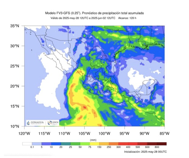 Pronóstico de precipitación total acumulada del 28 de mayo al 2 de junio emitido por el SMN. En Sinaloa las aportaciones lluviosas se esperan principalmente para la zona sur.