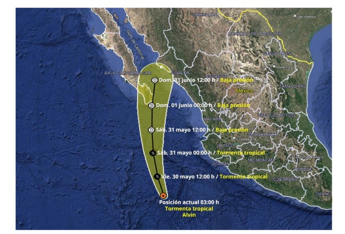 Mapa de pronóstico de la tormenta tropical Alvin al 30 de mayo. SMN