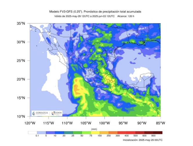Pronóstico de precipitación total acumulada del 29 de mayo al 3 de junio emitido por el SMN. En Sinaloa las aportaciones lluviosas se generalizarán e irán de ligeras a fuertes.