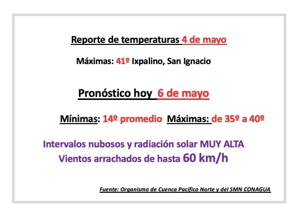 Reporte del organismo de cuenca Pacífico Norte del 4 de mayo y pronóstico del SMN para hoy 6 de mayo de 2025 en Sinaloa.