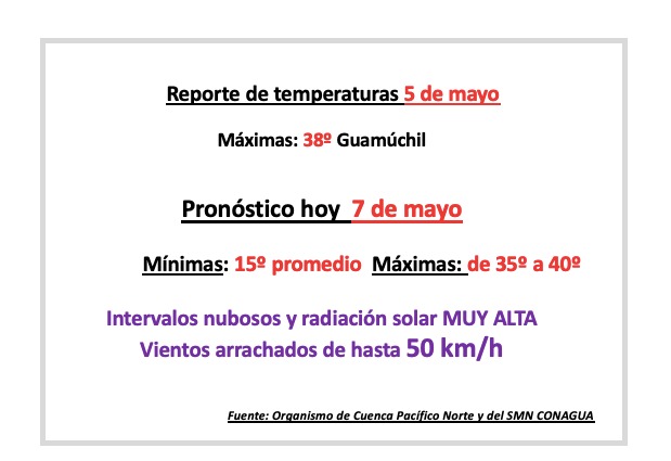 Reporte del organismo de cuenca Pacífico Norte del 5 de mayo y pronóstico del SMN para hoy 7 de mayo de 2025 en Sinaloa.