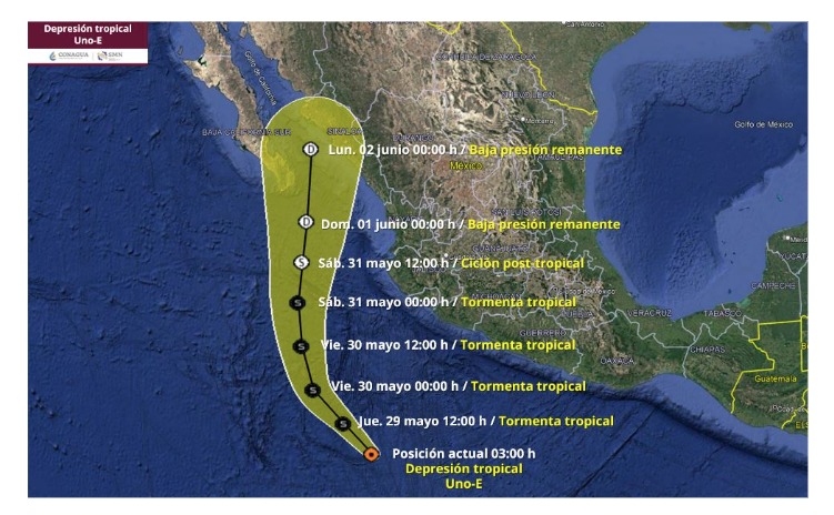 Resumen de pronóstico del SMN respecto a la depresión tropical Uno-E, próxima tormenta tropical Alvin