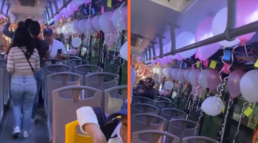 Interior de un camión urbano de la ruta Huizaches, en Culiacán, decorado por el Día de las Madres.