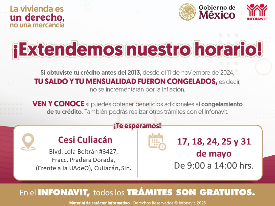 Infonavit Sinaloa ampliará su horario de atención durante mayo