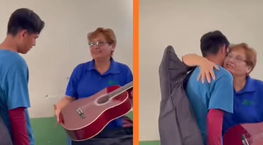 Maestra regala guitarra a exalumno
