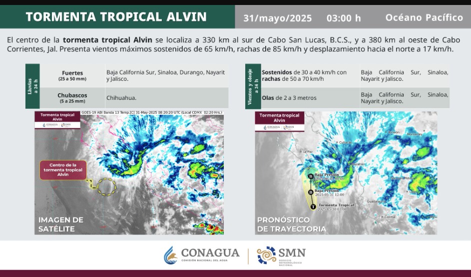 Mapa de pronóstico de la tormenta tropical Alvin al 31 de mayo. SMN
