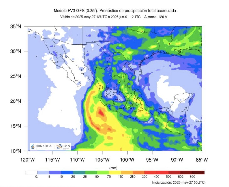Pronóstico de precipitación total acumulada del 27 de mayo al 1 de junio emitido por el SMN. En Sinaloa las aportaciones lluviosas se esperan principalmente para la zona sur.