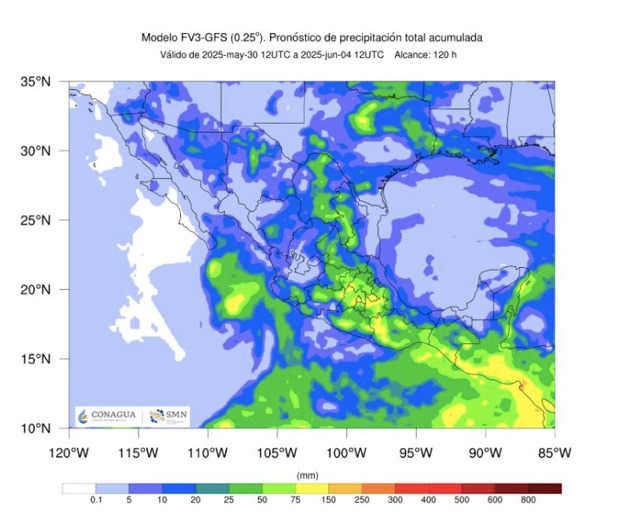Pronóstico de precipitación total acumulada del 30 de mayo al 4 de junio emitido por el SMN. En Sinaloa las aportaciones lluviosas se generalizarán e irán de ligeras a fuertes