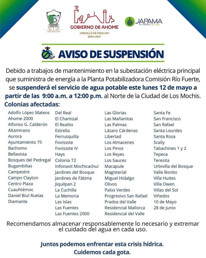 Aviso de suspensión del servicio por parte de Japama.