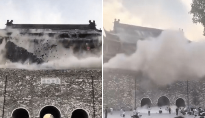 VIDEO: Captan impactante desplome de la histórica Torre del Tambor de Fengyang, en China