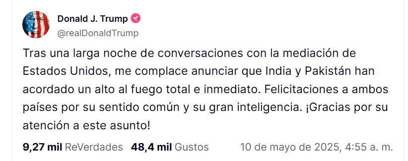 Mensaje de Donald Trump sobre guerra entre Paquistán e India