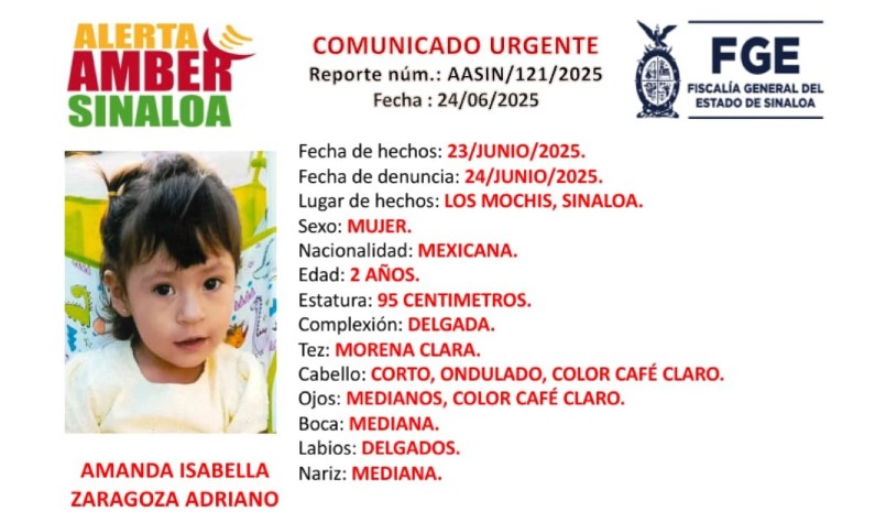 ¿La has visto? Buscan a la niña Amanda Isabel; fue sustraída de su domicilio en Los Mochis
