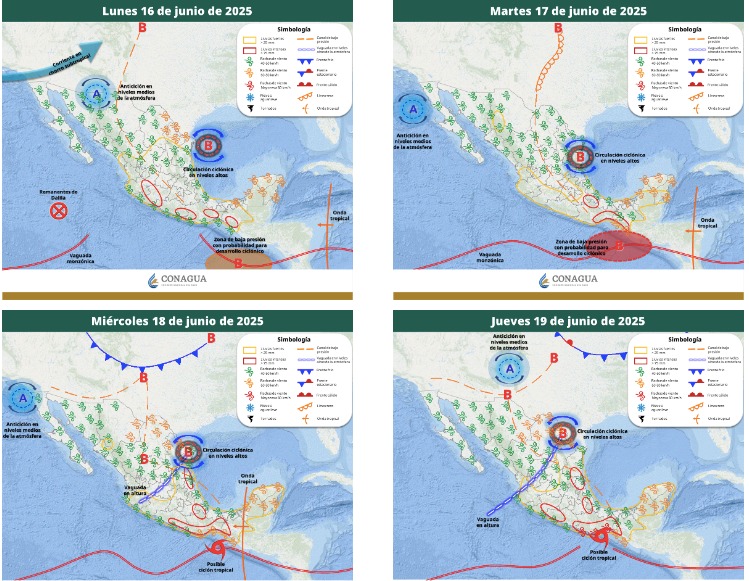 Áreas en vigilancia por desarrollo de tormentas significativas en las siguientes 24, 48, 72 y 96 horas. SMN