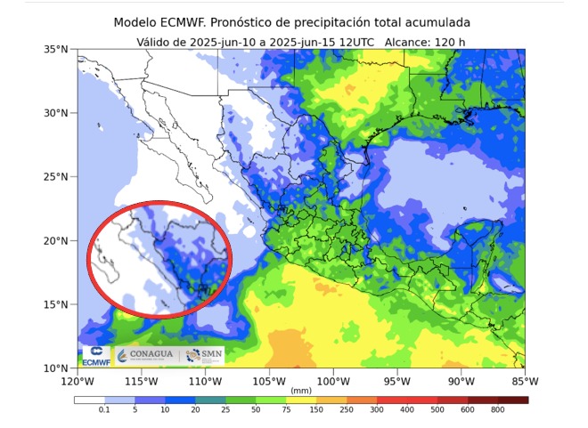 Pronóstico de lluvias acumuladas a 7 días en México. En el círculo, el estado de Sinaloa. SMN