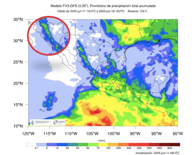 Pronóstico de lluvias acumuladas a 7 días en México. En el círculo, el estado de Sinaloa. SMN