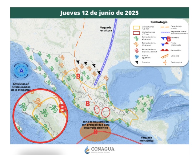 Probabilidad de lluvias para este 12 de junio en Sinaloa. SMN