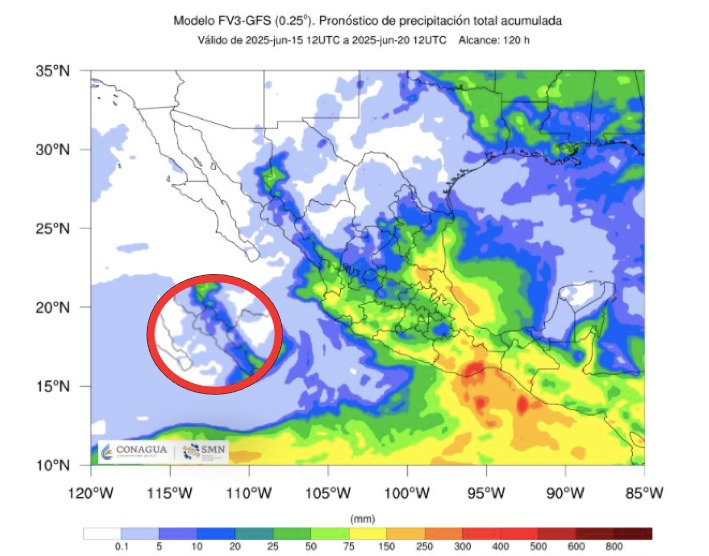 Pronóstico de lluvias acumuladas a 7 días en México. En el círculo, el estado de Sinaloa. SMN