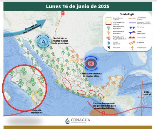 Probabilidad de lluvias para este 14 de junio en Sinaloa. SMN.