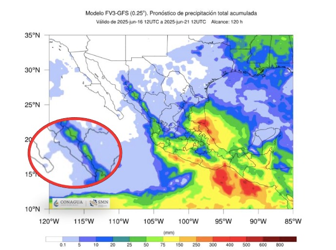 Pronóstico de lluvias acumuladas a 7 días en México. En el círculo, el estado de Sinaloa. SMN