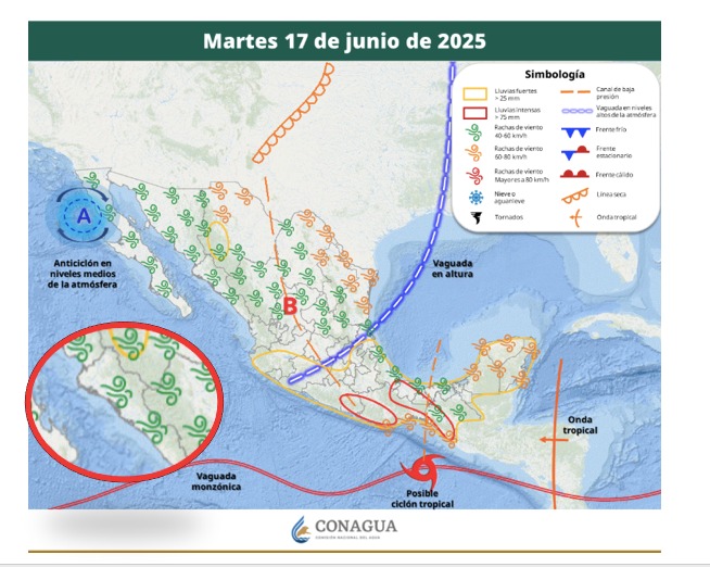 Probabilidad de lluvias para este 17 de junio en Sinaloa. SMN