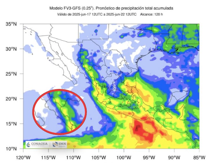 Pronóstico de lluvias acumuladas a 7 días en México. En el círculo, el estado de Sinaloa. SMN